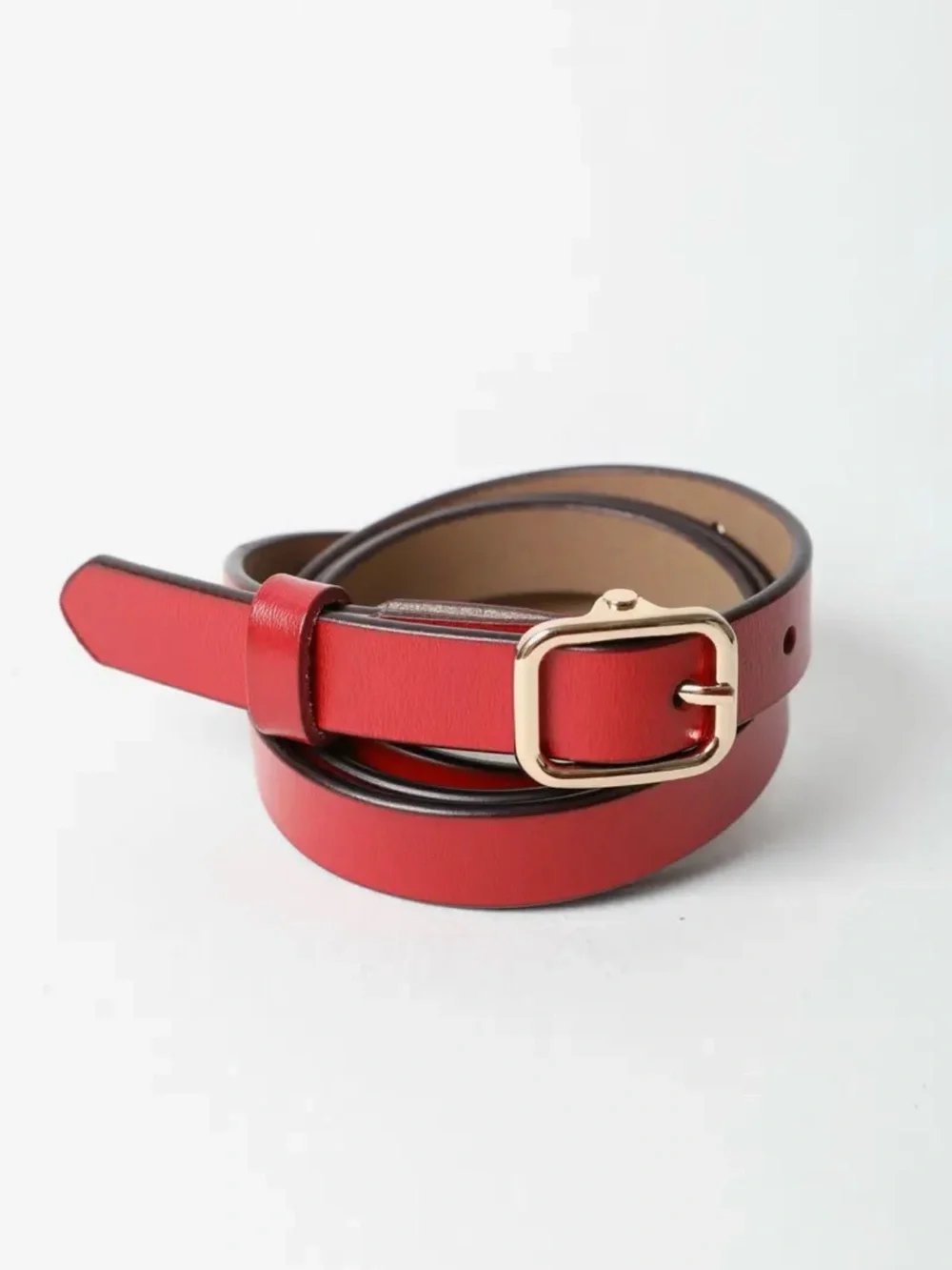 Red Slim Leather Belt with Gold Buckle